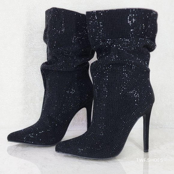 Resolve Sparkling Black Rhinestone High Heel Slouch Calf Boots New Years Bling - Picture 3 of 14